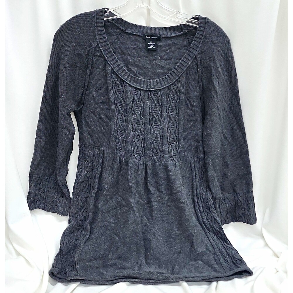 Calvin Klein Jeans Women's Gray Cotton Cable Knit Tunic Sweater 3/4 Sleeve L Rea